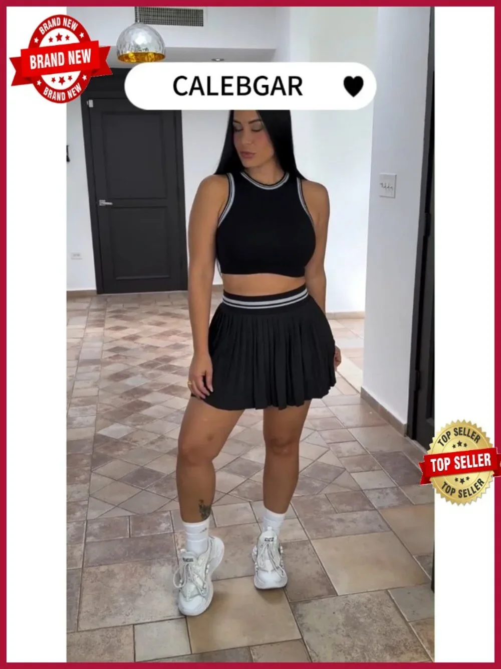 Two Piece Tennis Skirt Set Color Block Tank Top High Waisted Pleated Skort with